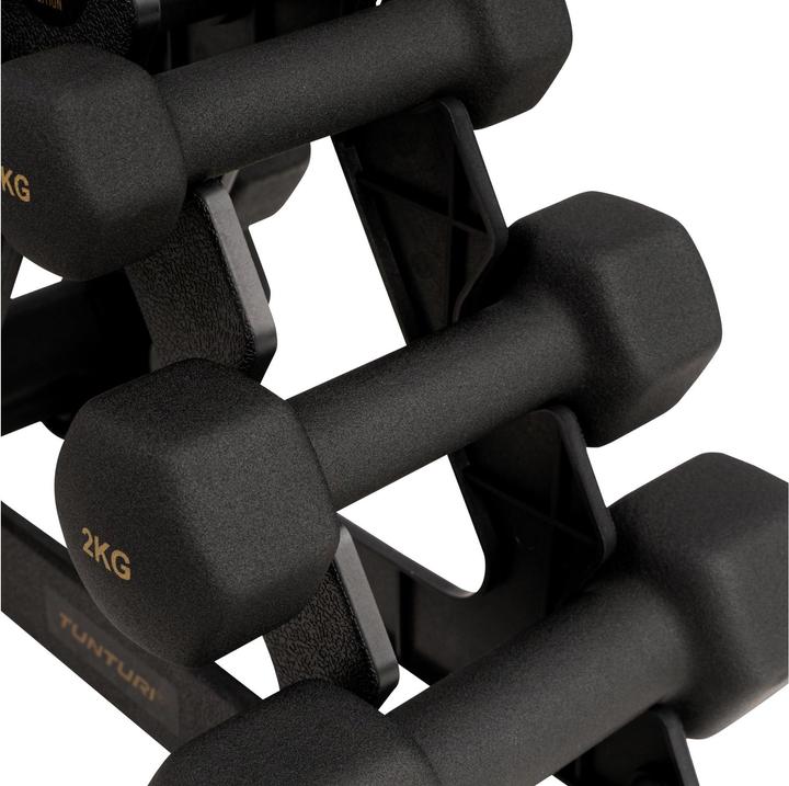 Actual product image Tunturi Centuri Neopren Kurzhantelset mit Ständer (2 x 1 kg, 2 x 2 kg, 2 x 3 kg)