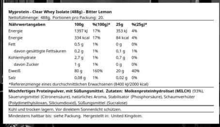 Nutritional values and ingredients MyProtein Clear Whey Isolate (Bitter lemon, 1 pcs., 488 g)
