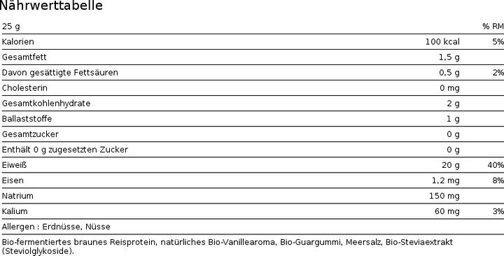 Nährwerte und Zutaten Sunwarrior Protein Classic Organic (Vanille, 1 Stk., 750 g)
