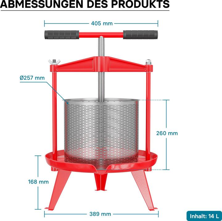 Produktbild Wiltec Spindelpresse Edelstahl 14L Obstpresse Beerenpresse Saftpresse Weinpresse (EU-Stecker)