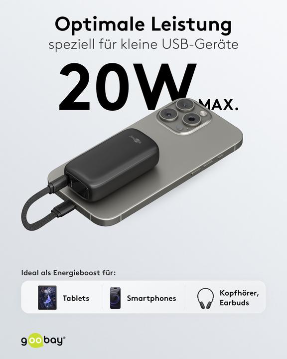 Image du produit Goobay Powerbank 5.000 mAh mit integriertem USB-C-Kabel (5000 mAh, 15 W, 15 Wh)
