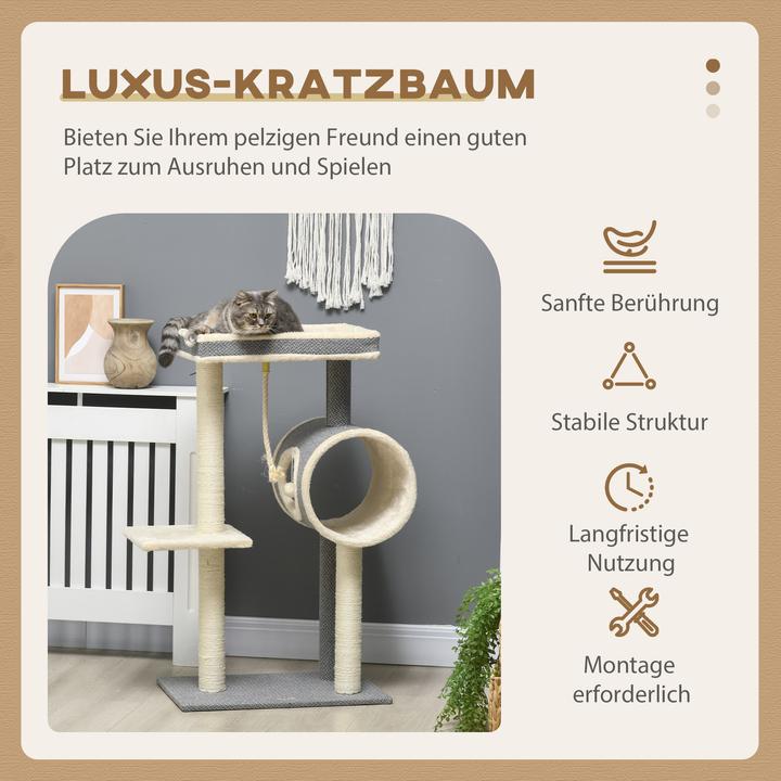 Actual product image PawHut Scratching post with cat bowl and play ball (104 cm, Beige, Cream, Cream white, Grey)