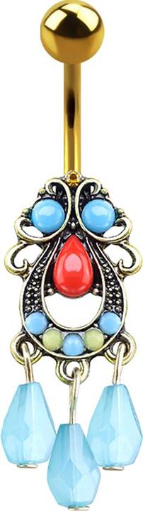 Star Piercing Banane vergoldet Tribal Filigran mit Anhänger drei Perlen (Messing, Chirurgenstahl 316L)