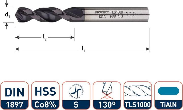 Rotec 133.0450C HSS-E-Blechbohrer, DIN1897, Typ TLS1000, TiAlN, Ø4,5 (4.5 millimetres)