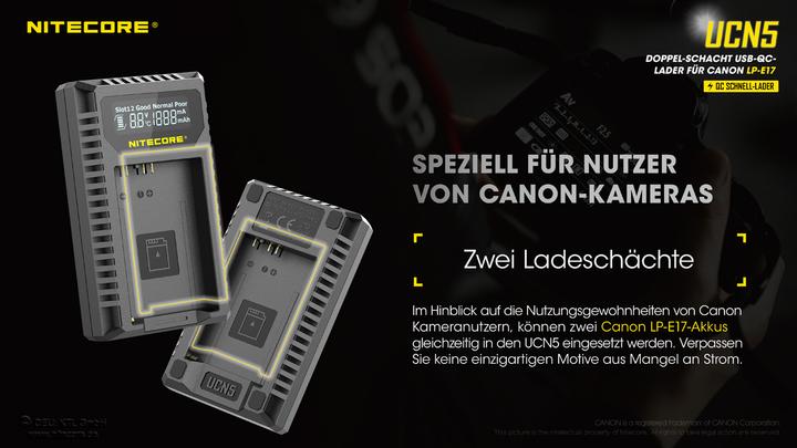 Actual product image Nitecore UCN5 Dubbele loader for LP E17 (Camera battery charger)