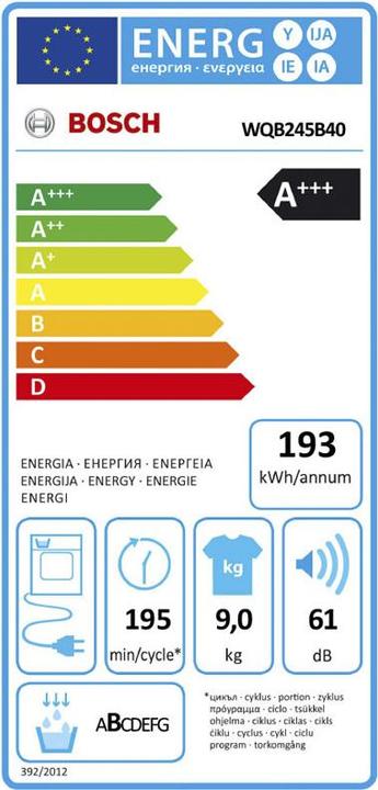 Energie-Label Bosch Hausgeräte WQB245B40 (9 kg, Rechts, Wechselbar, CH-Stecker)