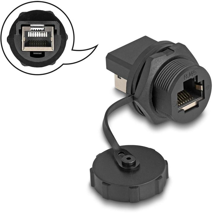 Produktbild Delock RJ45 Cat.6A Kupplung mit Verschlusskappe zum Einbau IP67 staub- und wasserdicht (Netzwerk Kupplung)