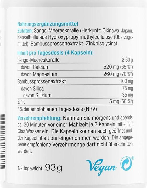 Nutritional values and ingredients Effective Nature Sango Koralle mit Zink und Silizium (120 Piece, Capsules, 120 g)