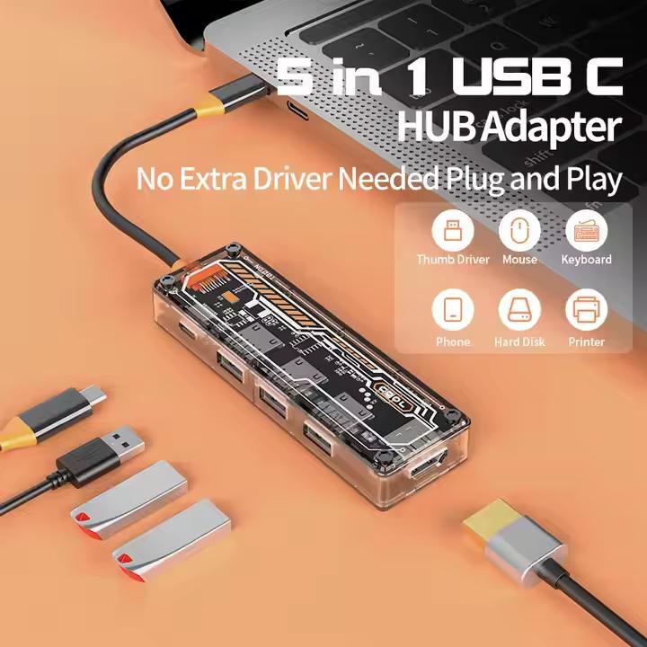 Image du produit PhoneLook Hub USB-C 5 en 1 transparent look futuriste (3x USB-A, 1x USB-C, 1x HDMI) (USB-C)
