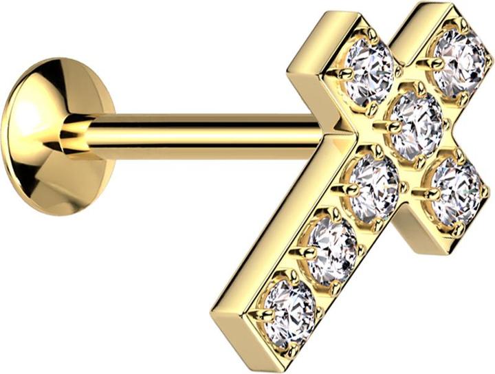 Star Piercing Micro Threadless UFO Labret vergoldet Kreuz vergoldet Kristalle silber (Chirurgenstahl 316L)