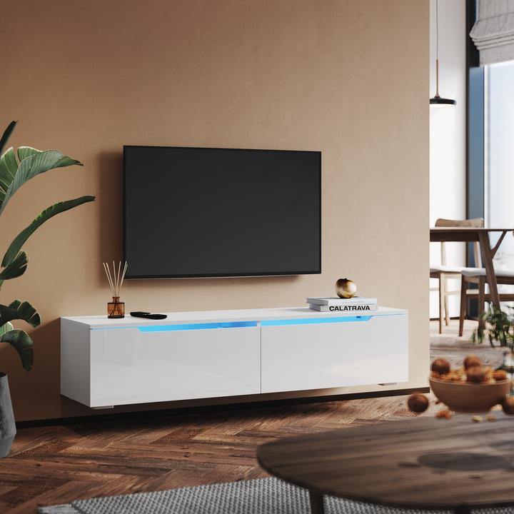 Actual product image SONNI Low-Profile-TV-Schrank, Weiss Hochglanz hängend 160 x 35 x 30 cm, TV-Schrank mit LED-Beleuchtun (160 x 35 x 30 cm)