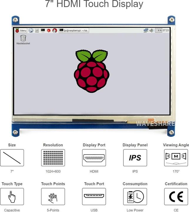 Produktbild WaveShare 7inch Capacitive Touch Display LCD (C) 1024×600 HDMI