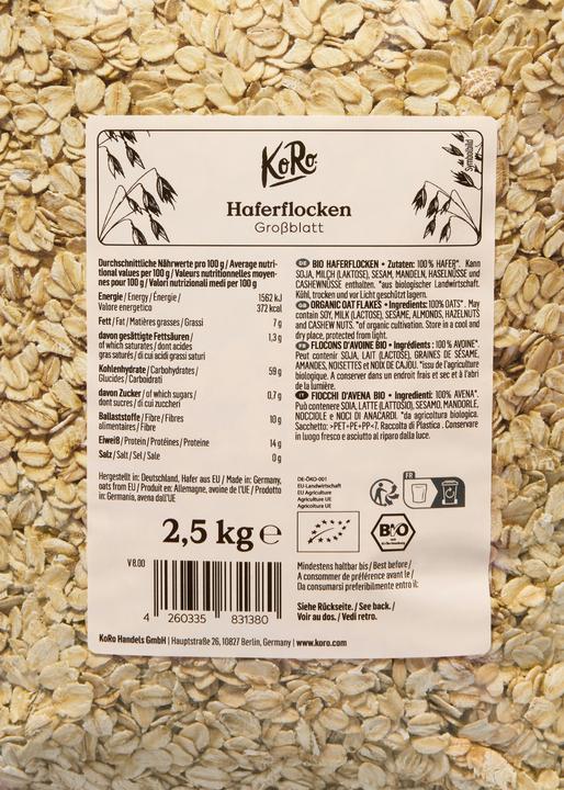 Nutritional values and ingredients KoRo Organic oat flakes (2500 g)