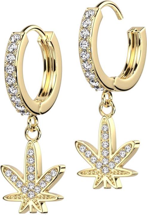 Star Piercing Ohrring zum Klappen vergoldet Kristalle silber Anhänger Hanfblatt (Chirurgenstahl 316L, Messing)