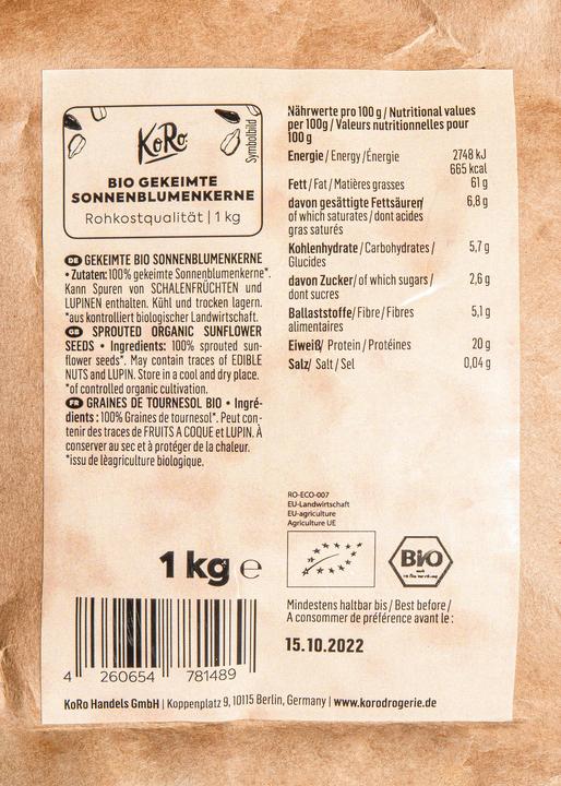 Nährwerte und Zutaten KoRo Bio gekeimte Sonnenblumenkerne (1000 g)