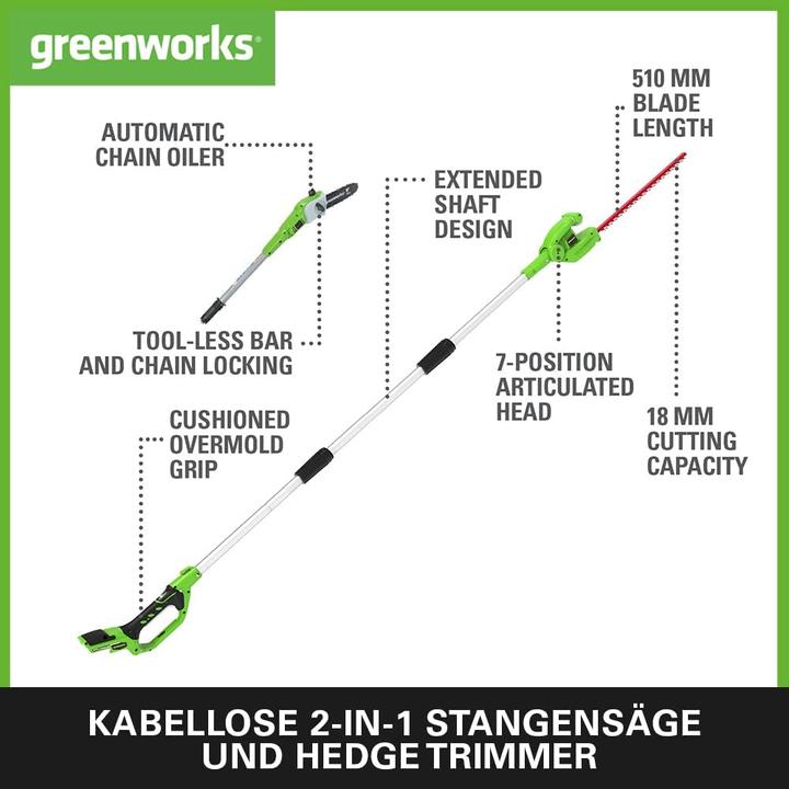 Produktbild Greenworks G24PSHK2 2-in-1 Akku Stabheckenschere inkl. Akku 2Ah und Ladegeraet (Akkubetrieb)