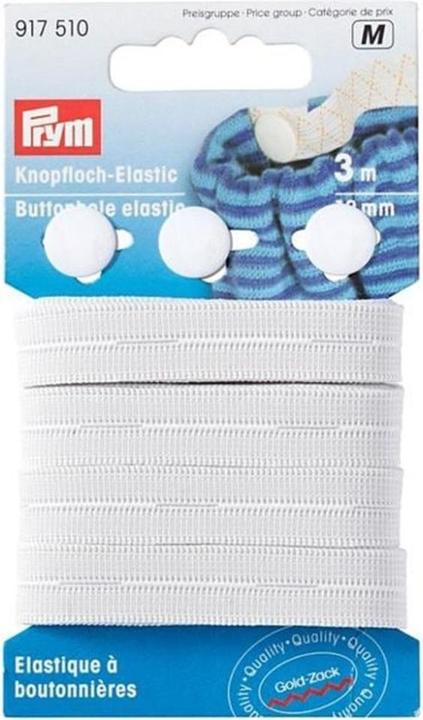 Produktbild Prym Knopfloch-Elastic mit 3 Wäsche-Doppelknopf, weiss 12 mm, Karte 3 m, Knopf 12 mm