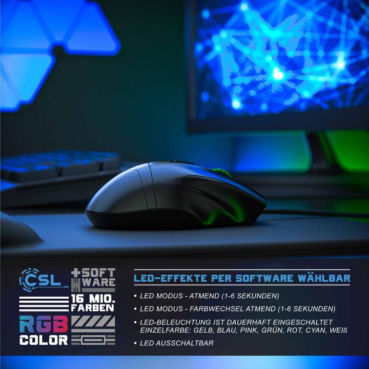Produktbild CSL Gaming Maus kabelgebunden, 125 dpi, optische Gaming Maus, Farbwechsel, 9 Tasten, 600 bis 4800dpi (Kabelgebunden)