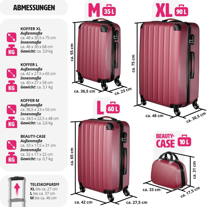 Image du produit tectake Valise à coque dure (90 l, Bagage à main (jusqu'à 50l), M (50 - 90l), L (90 - 115l))