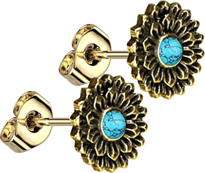 Star Piercing Ohrstecker vergoldet Lotus Blume Türkis Stein (Messing, Mineralisch)