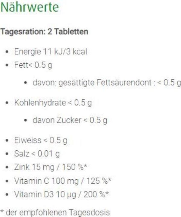 Nutritional values and ingredients A. Vogel Zink-Complex (30 Piece, Pills, 73 g)