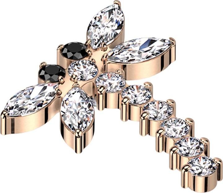Star Piercing Dermal Anchor Libelle rosegold Kristalle silber (ohne Messing, Titan G23)