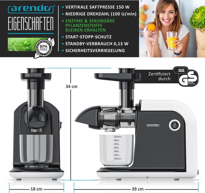Actual product image Arendo Slow Juicer 150 W, vegetable & fruit juicer electric, stainless steel, 700ml juice jug 1.5l waste