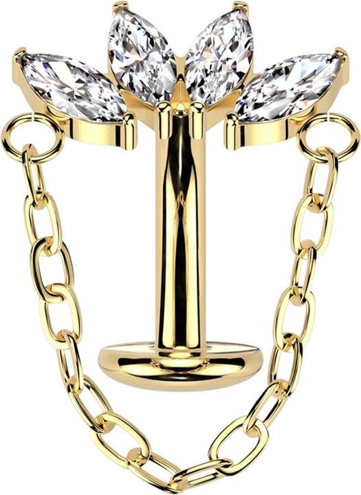 Produktbild Star Piercing Threadless Labret-Stab Banane vergoldet Fächer vier Kristalle silber mit Anhänger Kette (Titan G23)