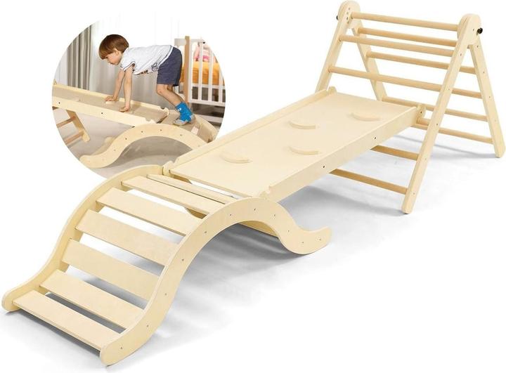 Hermex 3-tlg. Holzklettergerüst Indoor-Kletterdreieck Schaukel Kletterbogen