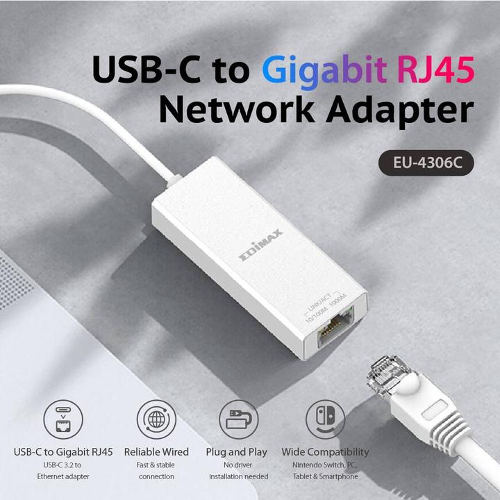 Produktbild edimax USB 3.2 Type C -> Gigabit Ethernet Adapter (USB 3.2, RJ45 (1x))