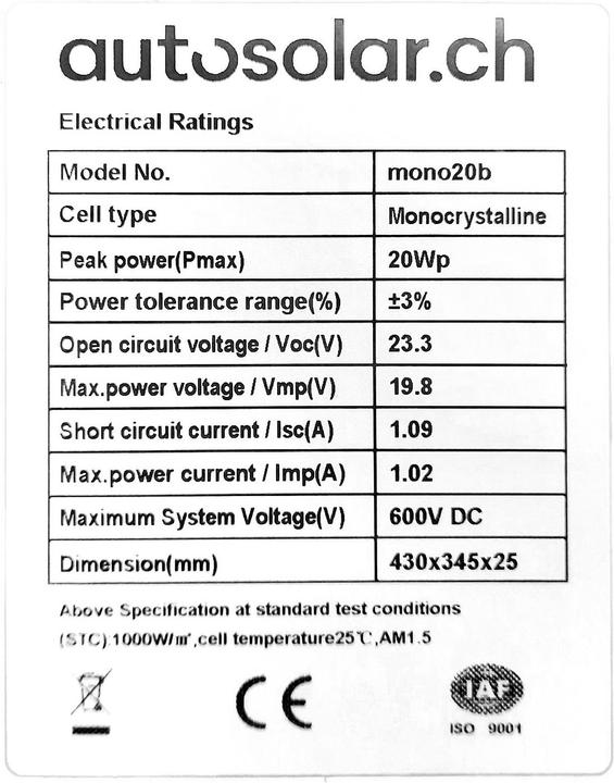 Image du produit Autosolar Panneau solaire 20 Watt - Black (20 W, 1.69 kg)