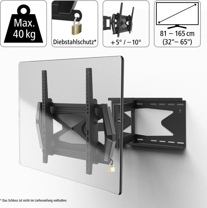 Produktbild Hama TV-Wandhalterung, schwenkbar, neigbar, Diebstahlschutz, 165 cm (65"), 40 kg (Wand, 65", 40 kg)