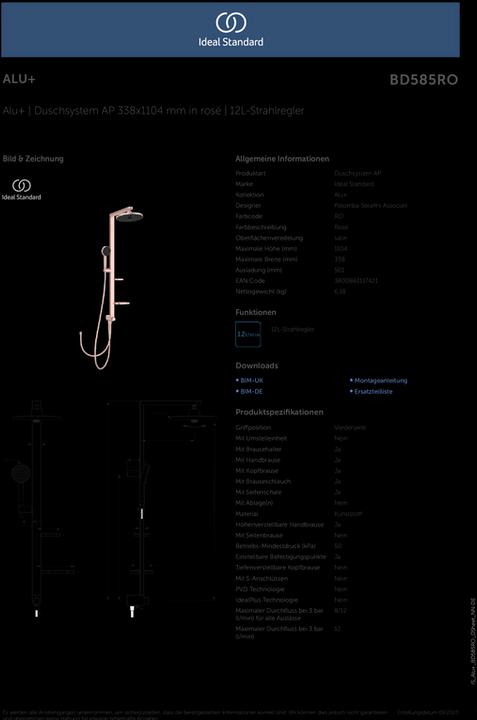 Produktbild Ideal Standard Duschsystem Alu+ ohne Armatur, 2 Ablagen, 2F-Handbrause, 2F-Kopfbrause