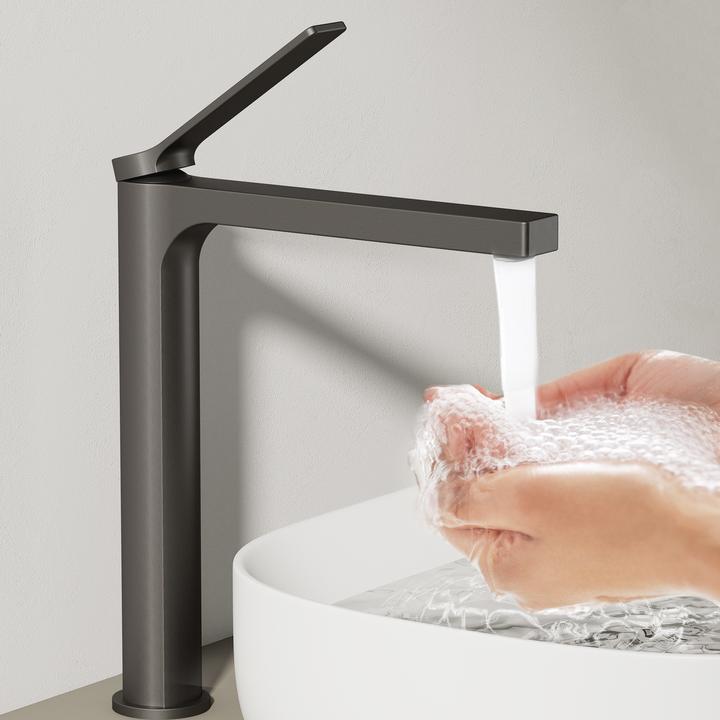 Produktbild Emke Wasserhahn Bad, Anthrazit, Mischbatterie Waschbecken, Messing, mit Luftsprudler, Keramikkartusche, e