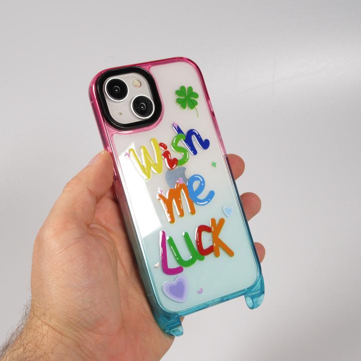 Image du produit PhoneLook Coque Gel transparent WISH ME LUCK avec crochet pour lanière (sans lanière) /bleu (Apple iPhone 15)