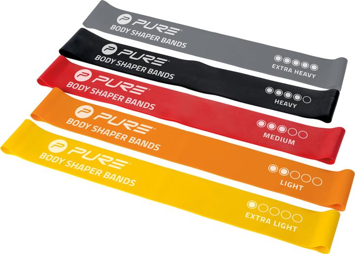 Pure Widerstandsbänder 5er Set Schwarz, Grau, Orange, Rot, Gelb, Schaumstoff, Gummi (0.30 m, Extra Stark, Mittel, Extra Leicht, Leicht, Stark)