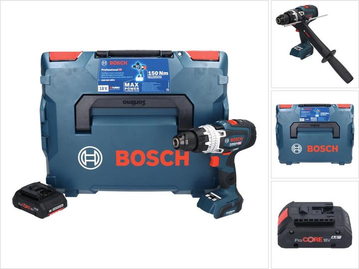 1x Bosch GSB 18V-150 C Professional cordless impact drill, 1x Bosch GBA 18 V 4.0 Ah ProCORE rechargeable battery ( 1600A016GB ), 1x additional handle, 1x L-Boxx, 1x matching insert