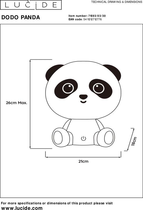 Actual product image Lucide DODO PANDA - Table lamp children's room - LED Dim. - 1x3W - 3 StepDim - Black 71593/03/30 (360 lm)