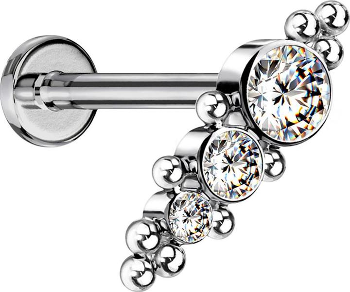 Star Piercing Micro Labret Innengewinde silber mit Kugeln und drei Kristallen (ohne Messing, Titan G23)
