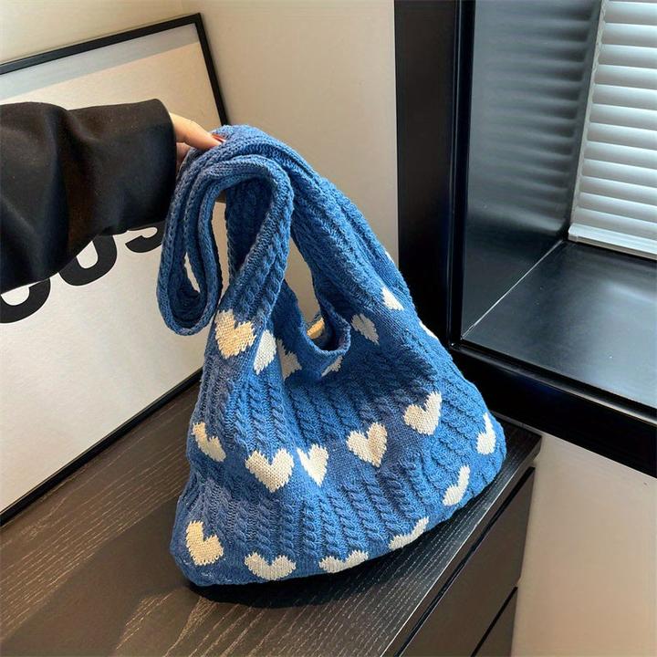 Only-Bags.Store Minimalistische Hobo-Tasche mit Liebesmuster, gestrickte Einkaufstasche, leichte Urlaubstasche