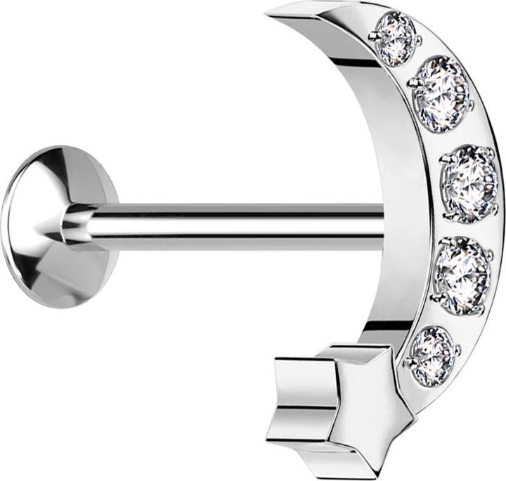 Produktbild Star Piercing Micro Threadless UFO Labret silber Mond mit Stern silber Kristalle silber (Chirurgenstahl 316L)