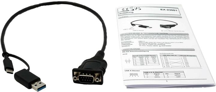 Produktbild Exsys USB 2.0 mit C+A-Anschluss zu 1S Seriell RS-232 Port, LED Anzeige, 0.5 Meter Kabe (0.50 m)