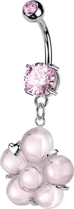 Star Piercing Banane silber mit zwei Kugeln Kristall pink Anhänger Blume mit Herz (Chirurgenstahl 316L, Messing)
