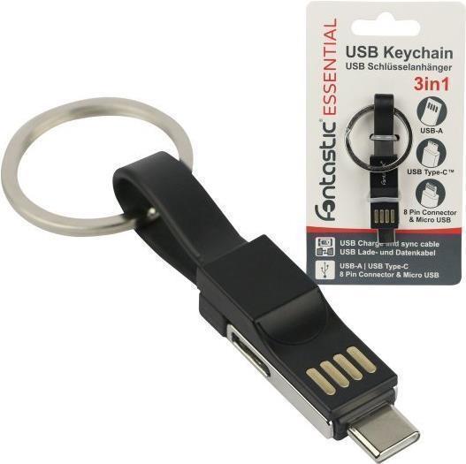 Produktbild D-Parts Schlüsselanhänger, Mini Lade- und Datenkabel schwarz Type-C, 8-PIN, Micro-USB auf USB-A, 13CM (USB-A, Micro USB-A)