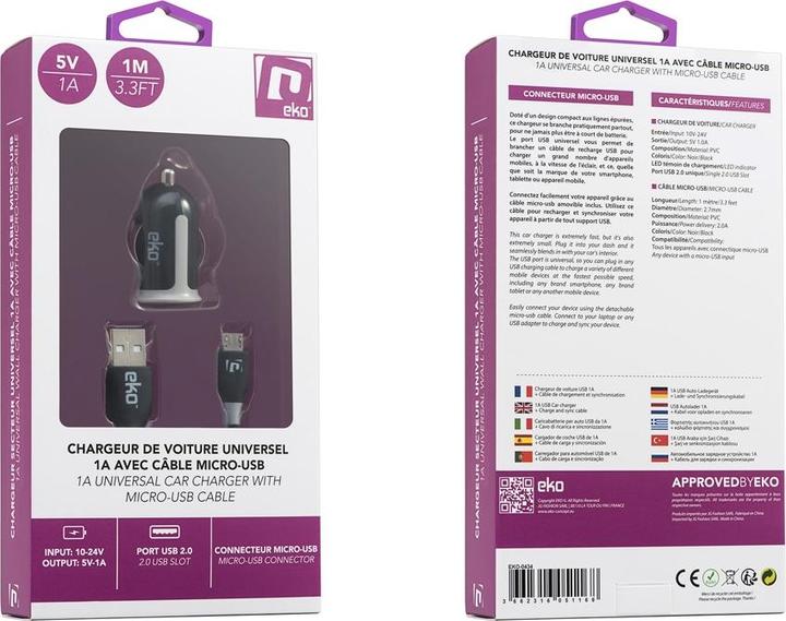 Image du produit EKO Pack Chargeur allume-cigare 1A avec câble micro-USB 1m