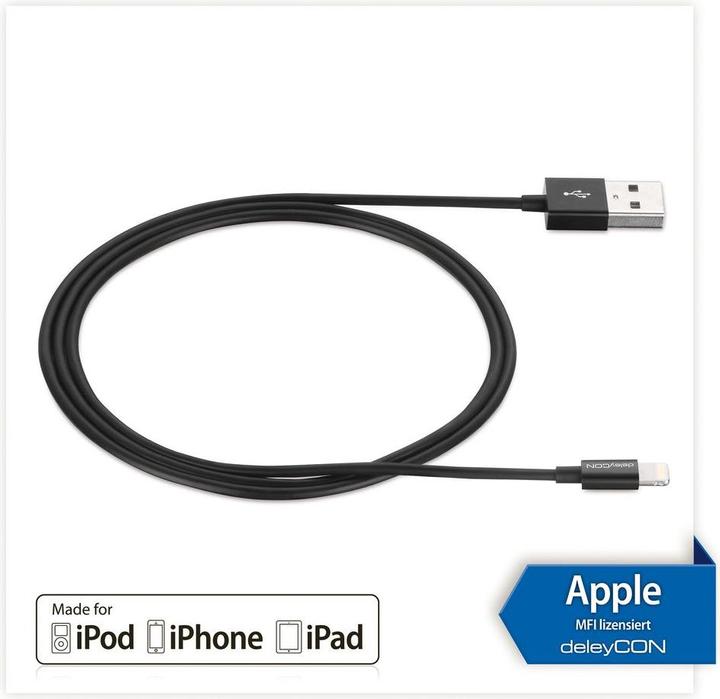 Produktbild deleyCON Lightning-USB Kabel 2m, schwarz (2 m, USB 2.0)