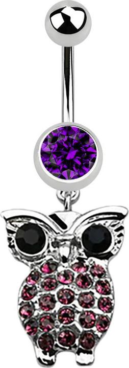 Star Piercing Banane silber mit Anhänger Eule und grossen Augen violett (Chirurgenstahl 316L, ohne Messing)