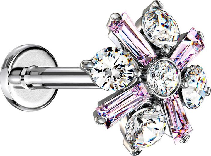 Star Piercing Micro Labret Innengewinde silber Kreuz Kristallblume pink (Messing, Chirurgenstahl 316L)