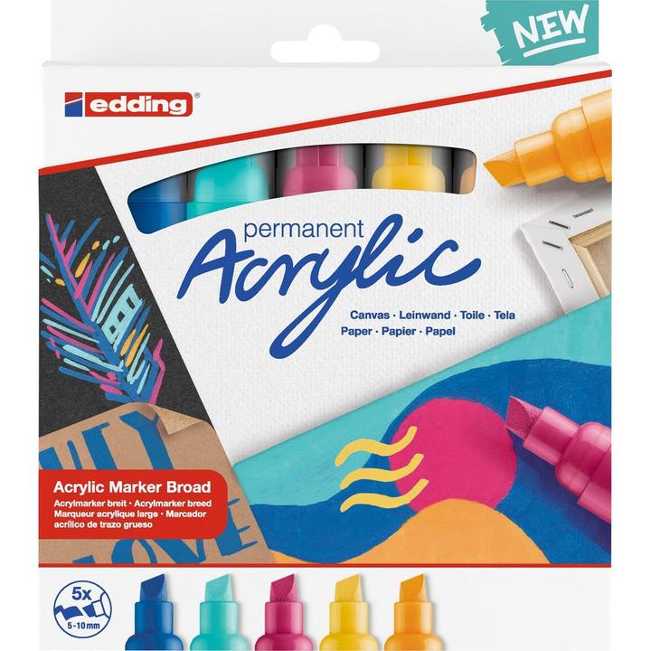 Produktbild Edding Acrylmarker (Enzianblau, Sonnengelb, Verkehrsgelb, Türkis, Telemagenta, 10 mm, 5 x)