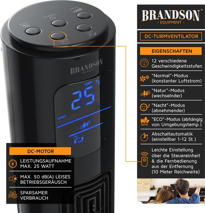 Produktbild Brandson Turmventilator, 12 Geschwindigkeiten, DC, ECO, Timer, Oszillation, Fernbedienung, schwarz (50 dB)